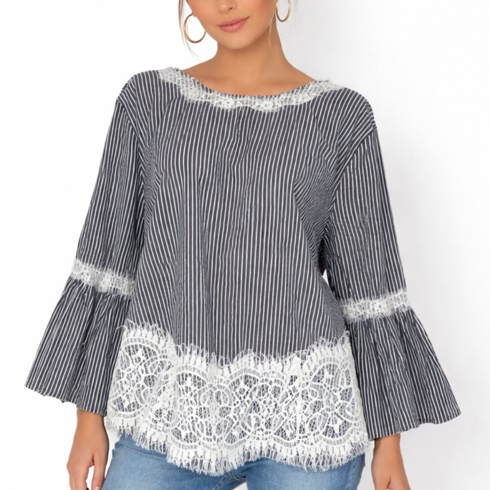 Lipslide Boho Lace Tunic Top XL Black White Stripe Cotton Bell Sleeve Peasant